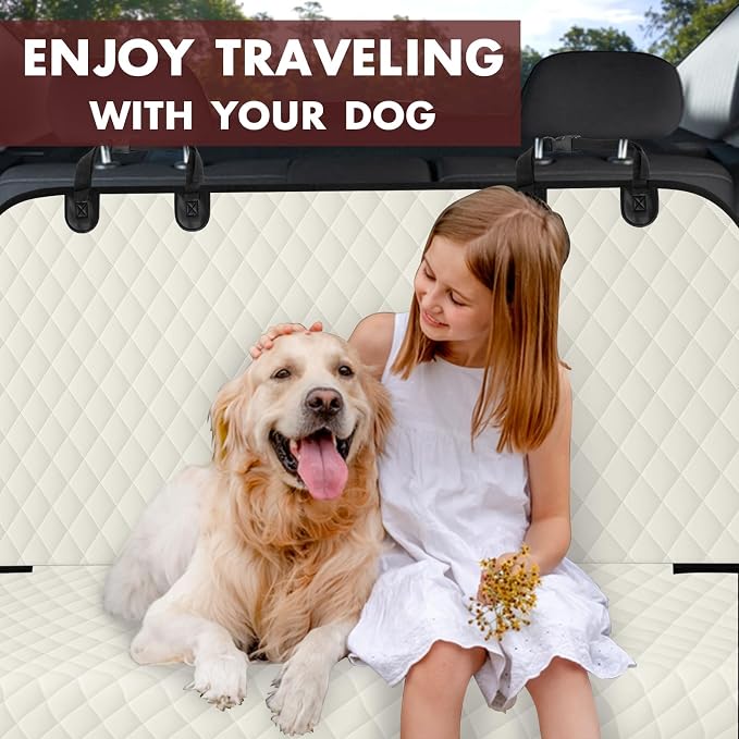 Backseat Cover for Dogs, Waterproof and Non-Slip Pet Bench Seat Covers, Car Seat Protector for Back Seat, Universal Size Rear Car Seat Cover Fits Cars, Trucks and SUVs, L-Beige&Black