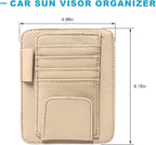 Car Sun Visor Organizer, Leather Auto Visor Card Holder with Sunglasses Clip, Multifunctional Sunvisor Storage Pouch Vehicle Interior Pocket for Driving License Pen Ticket (Beige)
