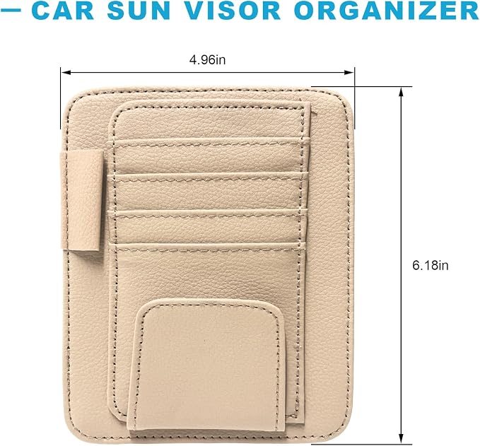 Car Sun Visor Organizer, Leather Auto Visor Card Holder with Sunglasses Clip, Multifunctional Sunvisor Storage Pouch Vehicle Interior Pocket for Driving License Pen Ticket (Beige)