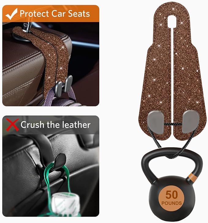 CoBak Purse Hook for Car - Universal Premium Stitched Leather and Aluminum-Magnesium Alloy Double Car Seat Back Storage Hook for Purses, Handbags, Bags (2 Pack),Brown Glitter