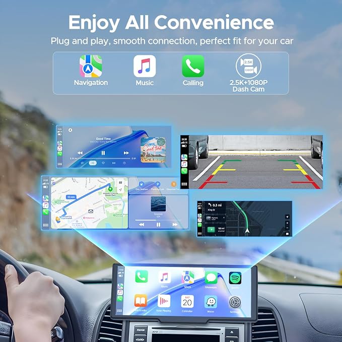 9.26'' Carplay Screen with 2.5K Dash Cam and 1080P Backup Camera | Portable Wireless Car Play Android Auto, Upgrade Navigation, Mirror Link, Voice Control, Hands-Free for iOS 11+ Android 11+