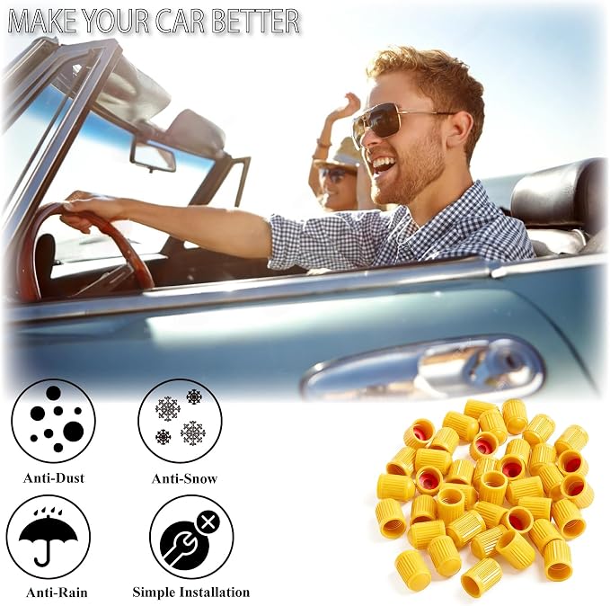 50PCS Tire Valve Stem Caps, Corrosion Resistant, with O Rubber Ring, Airtight Seal Heavy Duty Dustproof Tire Valve Stem Covers for Cars, SUV, Trucks, Bikes, Motorcycles, Bicycles(Yellow)