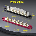 Power Distribution Block Bus Bar, 6 x 5/16" Posts, 10 x #8 Screws Terminals, Max 48V 250A (Pair, Red & Black)