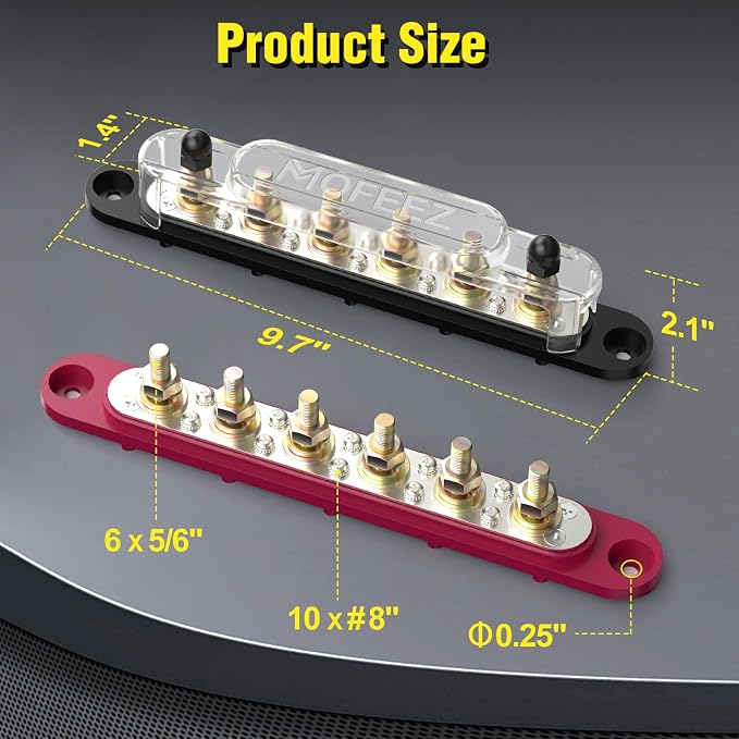 Power Distribution Block Bus Bar, 6 x 5/16" Posts, 10 x #8 Screws Terminals, Max 48V 250A (Pair, Red & Black)