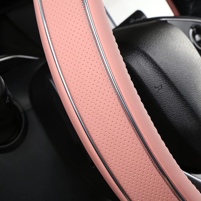 Pink Leather Steering Wheel Cover Fiber Strip Car Steering Wheel Cover Universal 15 inch for Women Girls
