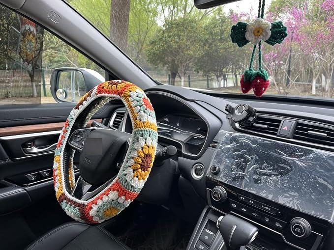 Steering Wheel Cover,Handmade Crochet Rainbow Sunflower Granny Square Steering Wheel Covers (Steering Wheel Cover+Crochet Strawberry)