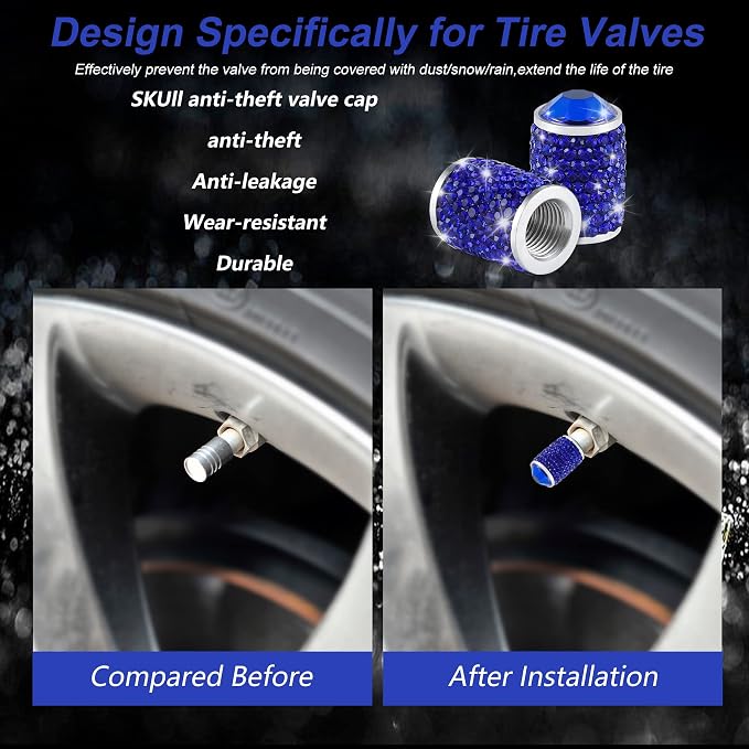 Car Wheel Tire Valve Caps, 4 PCS Bling Tire Valve Caps, Crystal Tire Caps Shinny Rhinestone for Women, Universal Car Dustproof Tire Valve Caps for Cars, Trucks, SUV and Motorcycles (Blue)