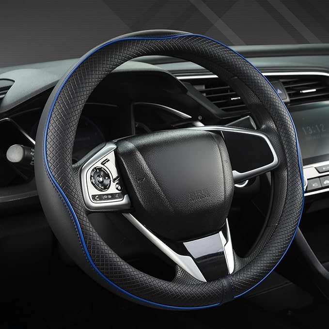 Microfiber Leather Car Steering Wheel Cover for Honda Accord Civic CR-V HR-V Pilot Fit Passport Odyssey,Sport Style,14.5-15 inch (Black+Blue Line-Standrad Size)
