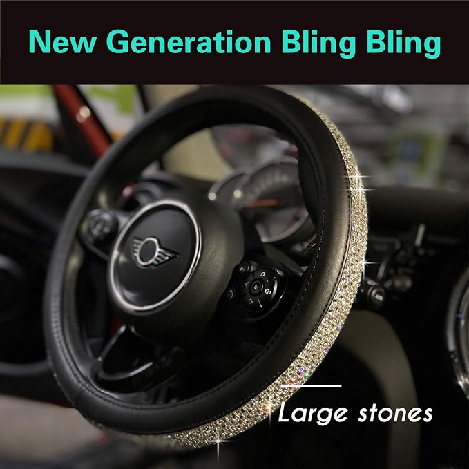 Large Size Bling Comfy Steering Wheel Cover with Jumbo Crystal Rhinestones, Anti-Slip Diamond Leather, 15.5-15.75 Inch (Silver)