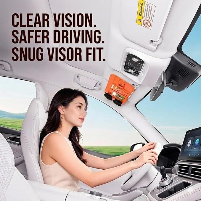 Car Sun Visor Organizer, Multi-Pocket Auto Interior Storage Pouch with Secure Metal Clip Hook and Loop Straps, PU Leather Visor Case for Sunglasses, Cards, Photos, Pen, Universal Fits (Orange)