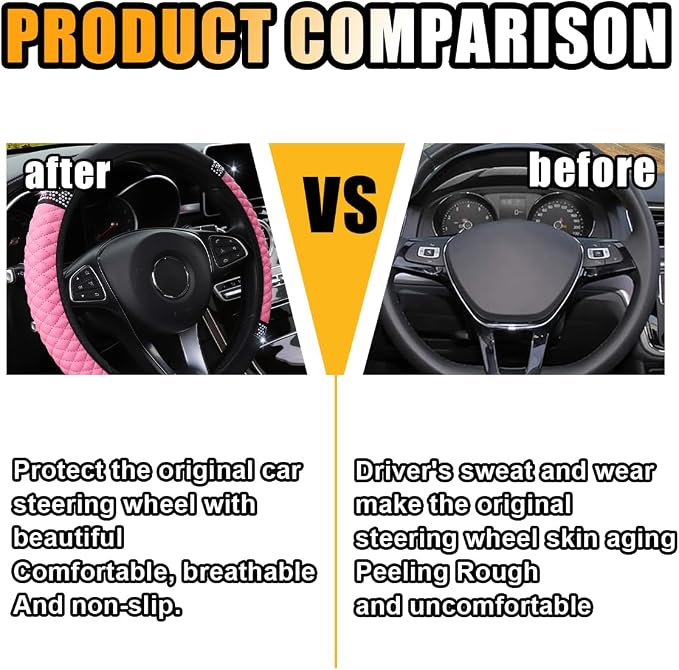 15 Inch Bling Soft Leather Car Steering Wheel Cover, Pink | Colorful Rhinestones Design, Auto Elastic Protector for Women Girls, Crystal Diamond Car Accessories for Most Cars, SUVs