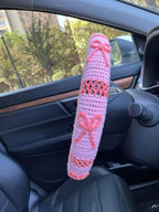 Handmade Crochet Pink Bow Car Steering Wheel Covers Universal 14-15 inch,Cute Steering Wheel Cover,Car Accessories (A: Wheel Cover+2Belt Cover)
