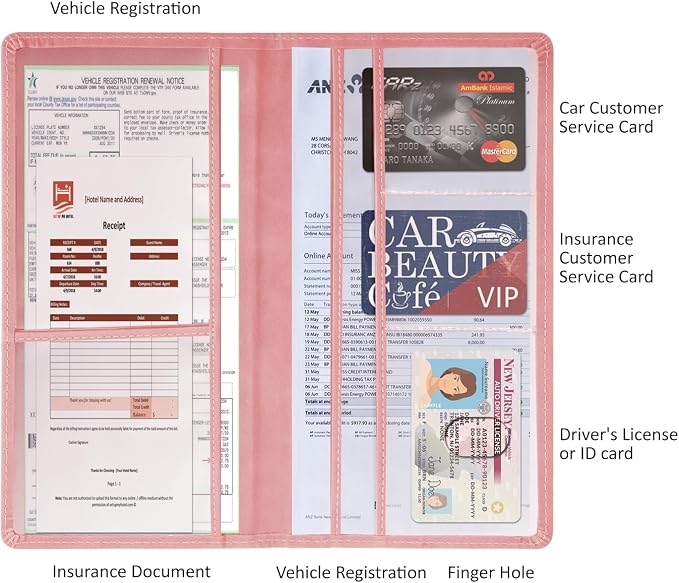 Car Accessories Registration and Insurance Holder, Leather Essential Card Magnetic Shut Vehicle Glove Box Organizer Case for Auto Driver License Document Truck Motorcycle Boat - Pink