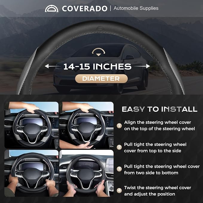 Coverado Car Steering Wheel Cover, Nappa Leather Black & Gray Steering Wheel Covers, Universal 14-15 inch, Anti-Slip, Breathable Steering Wheel Protector for Women Men