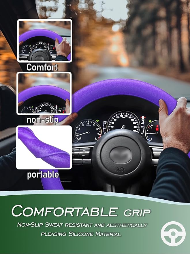 Car Steering Wheel Cover, Non-Slip Silicone Material, Multiple Color Choices, Universal Auto Parts Steering Wheel Cover, Suitable for Most Cars (Purple)