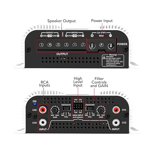 TS 800x4 1 Ohm Multichannel Stereo Amplifier 800 Watts Rms, 4 Channels, Full Range, Car Audio Amp Digital 2 Bridged Channel, Crossover High/Low Pass, with RCA and Automatic High Level Input