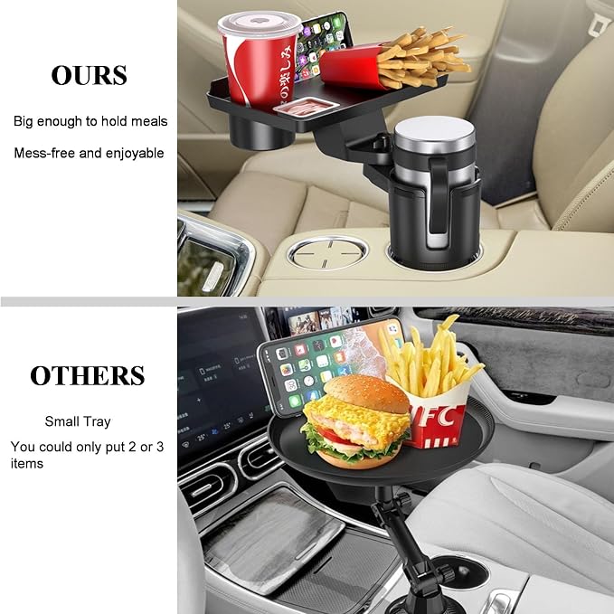 Cup Holder Tray, Detachable 360° Rotatable w/Phone Mount, Fits 2.6‑3.9 Inch | Car Cup Holder Long Road Trip Essentials Travel Patrol Accessories Drink Holder Organizer for Semi Truck Rv