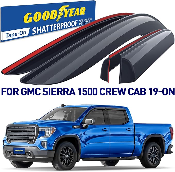 Goodyear Shatterproof Window Deflectors for Trucks GMC Sierra 2019-2026 Crew Cab, Tape-on Rain Guards, Vent Deflector, Vent Visor, Truck Accessories, 4pcs- GY003181LPv