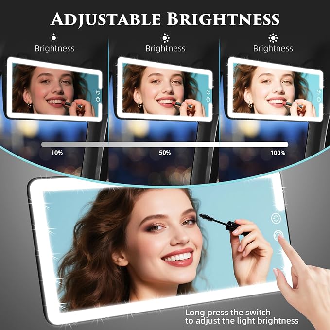 Car Visor Vanity Mirror with Light, Rechargeable Dimmable Touch LED Sun Visor Mirrors, Large Detachable Vanity Makeup Mirror with 3 Color Modes for Truck SUV Car Accessories Essential for Women(Black)