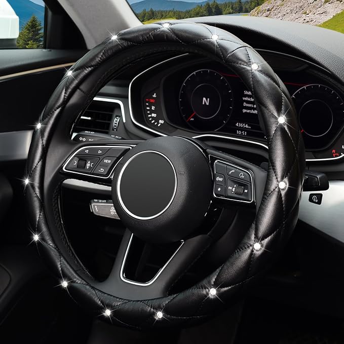 16 inch Diamond Soft Leather Steering Wheel Cover,Compatible for F150 F250 F350 Ram 4Runner Tacoma Tundra Range Rover