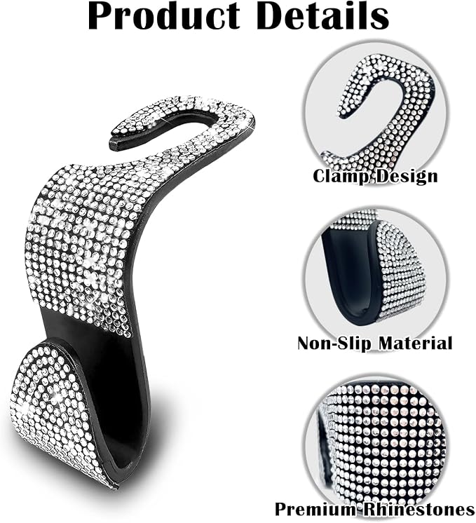 2PCS Car Seat Hooks, Bling Rhinestone Headrest Hooks, Universal Bling Car Interior Accessories, for Handbag, Clothes, Purse, Water Bottle (White)