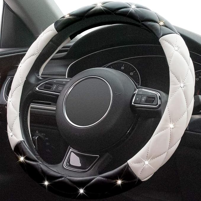 Black White Steering Wheel Cover, Anti-Slip Steering Wheel Protector with Crystal Rhinestones, Car Steering Wheel Cover for Women and Girl Fit 14.5-15 inch