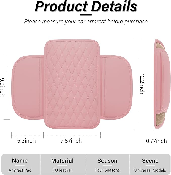 Car Center Console Cover, Upgraded Leather Car Armrest Cushion with 2 Storage Pockets, Universal Waterproof Cushion Pad, Non-Slip Car Interior Accessories, Fits Most Sedans SUVs Trucks (Pink)