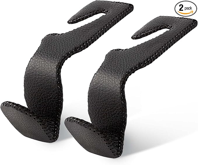 Headrest Hooks for Car, 2 Pack Back Seat Purse Hook Leather Hanger Holder Hook for Hanging Purses and Bags and Coats Black