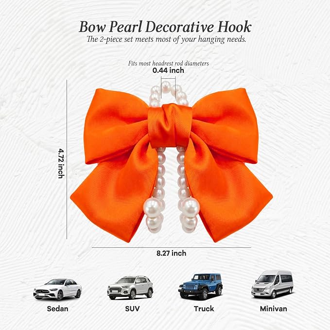 2PCS Satin Bow Pearl Car Seat Headrest Hooks – Car Bag Holder & Vehicle Hanger for Purses – Cute Coquette Aesthetic Interior Decoration – Cute Auto Organizer Accessories Universal (Orange)