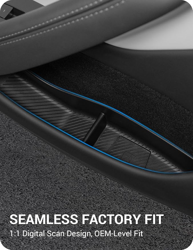 2026 2025 Tesla Model Y Juniper Door Side Storage Box, (Emergency Button Safety) Door Side Pocket Organizer Tray, Waterproof TPE Front & Rear Slot Pocket Liners for Model Y Juniper Model Y L