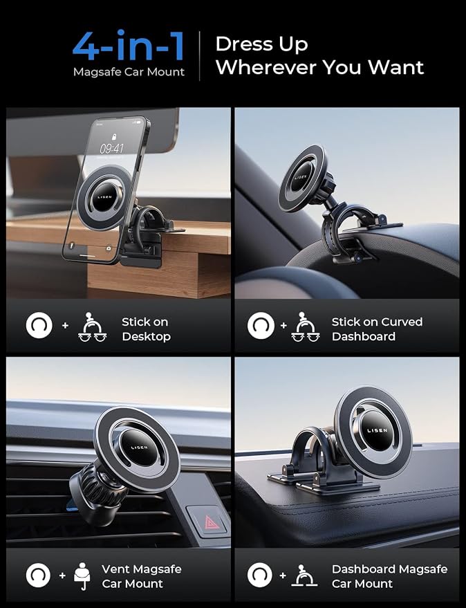 for Magsafe Car Mount, Magnetic Phone Holder for Car Vent Phone Mount, Hands Free Phone Mount for Car Accessories Dashboard Windshield Vent Cell Phone Holder for iPhone Car Mount Silver Kits