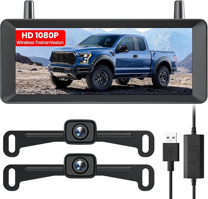 2 Wireless Backup Camera: 7.2" USB-Powered Dual Split-Screen 1080P HD Monitor with DVR Recording, Front and Rear Coverage, Stable Signal, Back Up Camera for Pickup, Trailer, SUV