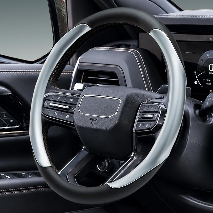Leather Steering Wheel Cover for Chevy Silverado 1500 2500 3500, 14.5-15 inches Car Steering Wheel Cover with Non-Slip Breathable (Bright Silver)
