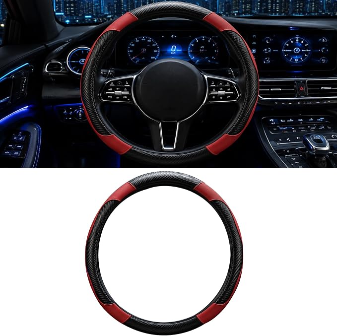 Car Steering Wheel Cover, 15 inch Carbon Fiber Microfiber Anti-Slip Breathable PU Leather Elastic Steering Wheel Protector, Car Interior Accessories for Most Cars (Wine Red)