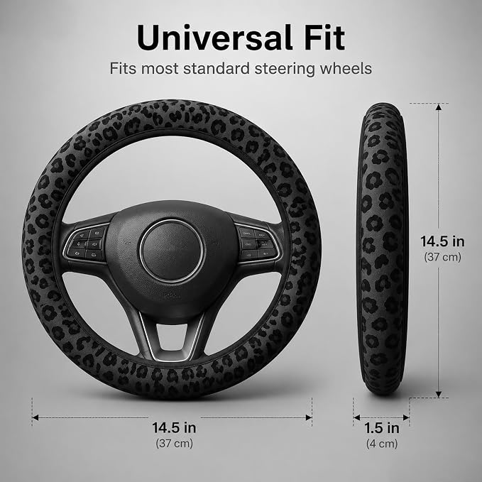 15 Inch Neoprene Steering Wheel Cover Non-Slip (Black Leopard Print)