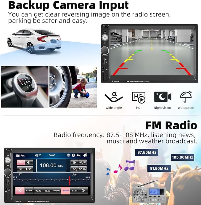 Double Din Car Stereo 7 Inch Touch Screen Car Audio Radio with Bluetooth Audio Hands-Free Calls Backup Camera FM Radio Receiver Car MP5 Player Support Mirror Link AUX-in USB TF Input