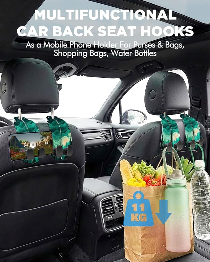 Purse Holder for Car, 2 Pack Heavy Duty Purse Hanger for Car, PU Leather Car Seat Hooks for Purses and Bags, Cute Forest Headrest Organizer for Handbags & Backpacks