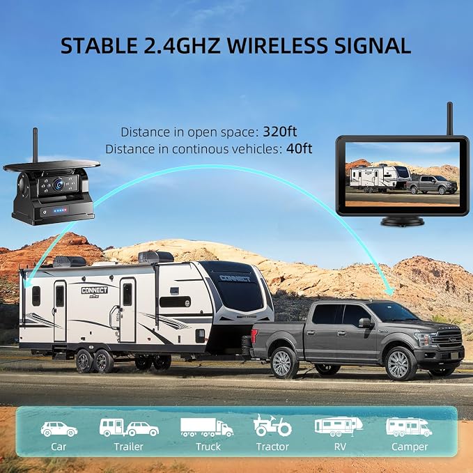 Dual Magnetic Solar Wireless Backup Cameras: HD1080P 7” Touchscreen Portable with DVR, BSD, 1-Min Install-Free IR Night Vision Hitch Backup Camera for Trailer/Truck/Small RV/Camper/Tractor