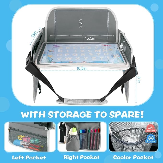 Kids Travel Tray for Boys or Girls, Travel Tray for Kids Car Seat with Tablet Holder, Dry Erase Board & Cooler Cup Holder, Road Trip Essentials Accessories for Car Trip, Airplane (2 Pack)