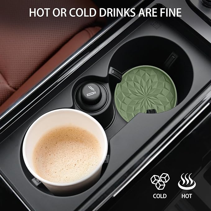 ME.FAN Car Coasters for Cup Holders [4 Pack] - 2.75In Silicone Auto Mug Mats - Universal Non-Slip Recessed Car Interior Accessories Olive Green