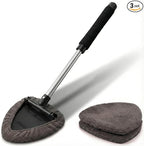 Window & Windshield Cleaner, Extendable, 3 Microfiber Pads (Grey) | Pivoting Triangle Head Wiper Cleans Interior & Exterior Glass, 3 Washable Reusable Bonnets, Lint-Free
