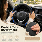 Steering Wheel Cover Blue and Black Leather Universal 14.5-15 inch | Carbon Fiber Car Steering Wheel Covers with Coasters Microfiber Breathable Anti-Slip Steering Wheel Accessories Set