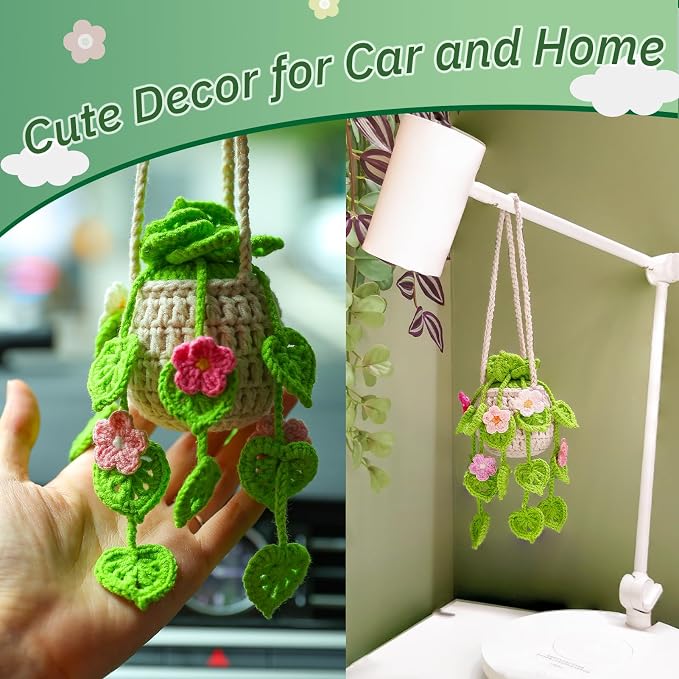 Crochet Hanging Plant for Car,Car Decorations Interior,Plant Strawberry Aesthetic Car Accessories for Women Interior Cute,Car Ornaments Charms for Rear View Mirror, Home decor