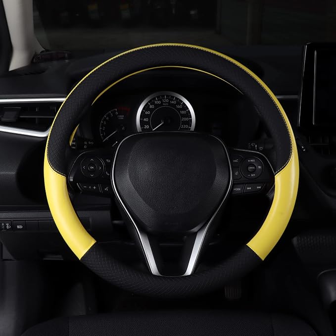 Auto Car Genuine Leather Steering Wheel Cover Anti Slip Wrap 15" (Yellow)