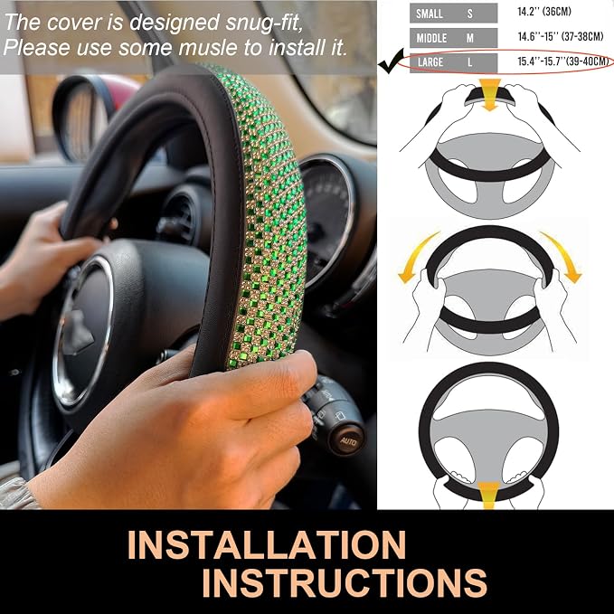 Large Size Bling Comfy Steering Wheel Cover with Jumbo Crystal Rhinestones, Anti-Slip Diamond Leather, 15.5-15.75 Inch (Vivid Green)