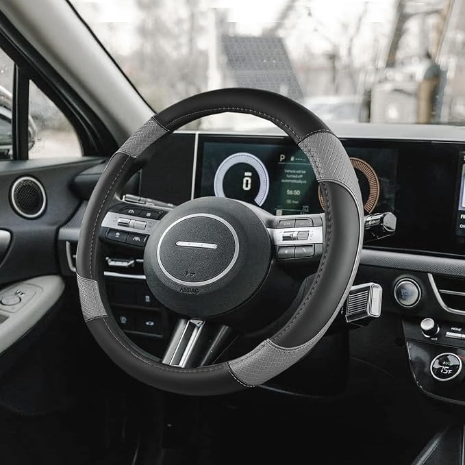 Auto Car Steering Wheel Cover for Hyundai,Tucson,Sonata,Elantra,Santa Fe,Genesis,Sonata Hybrid,Azera,Venue,Kona, 14.5-15 inches(Gray-Standard Size)