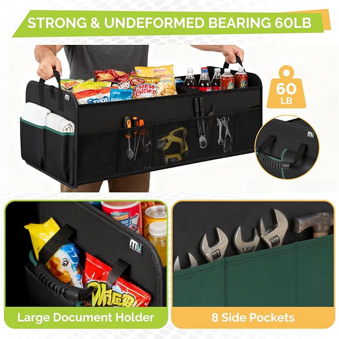 Large Trunk Organizer for SUV with 5 Compartments, Collapsible Car Organizer with Strong Handle and Non-Slip Bottom, Storage Organizer for Sedans, Van, Jeep, Grocery, Black Mixed Green