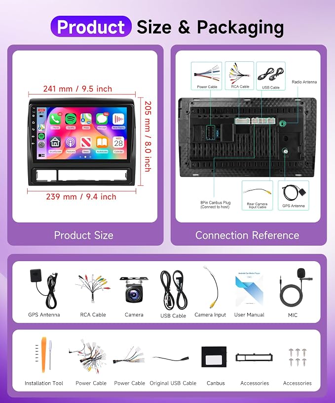 4G+64G Android 15 Car Stereo Radio for Toyota Tacoma 2005-2015, Wireless Carplay Andorid auto Mirror Link 9'' Screen GPS 5G-WiFi Bluetooth 5.0 FM/RDS EQ-32 SWC Backup Camera