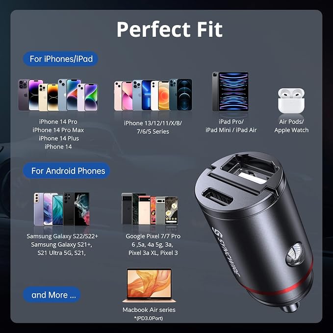 USB C Car Charger 60W [PD 30W & QC 30W] USB Car Charger Adapter Fast Charging [Super Mini & All Metal] for iPhone, Samsung, Google Pixel, XiaoMi, Huawei, LG, iPad Road Trip Essentials