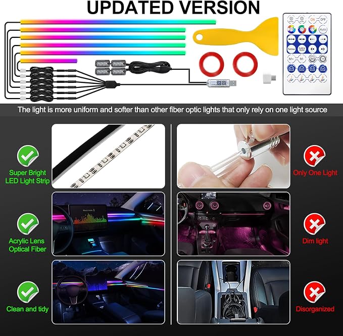 Dreamcolor Acrylic Interior Car LED Strip Light with USB/Type C, 10 in 1 with 175 inches 600 LEDs Ambient Lighting Kits, Sound Active Function Neon Accessories